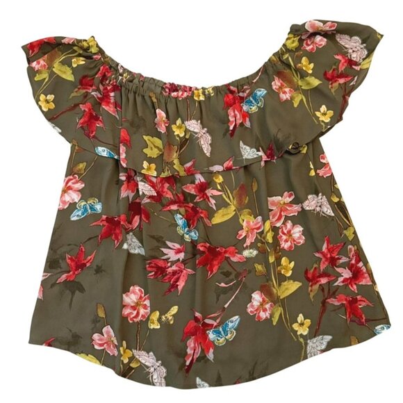 Maeve Anthropologie Off Shoulder Floral Top Size Medium Olive Green Butterfly - Picture 1 of 7
